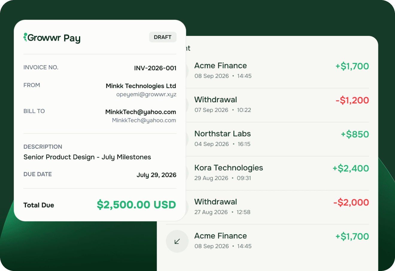 Growwr Pay invoice and transaction overview