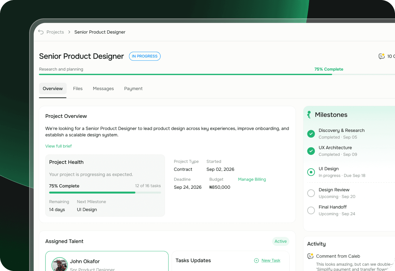 Growwr project delivery workspace with hiring, milestones, and communication